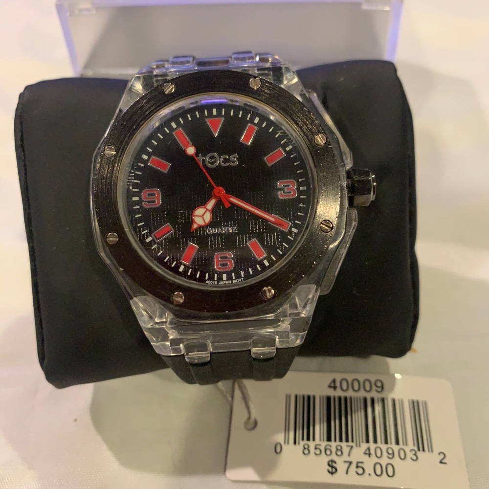 “TOCS” men’s black with round bezel watch